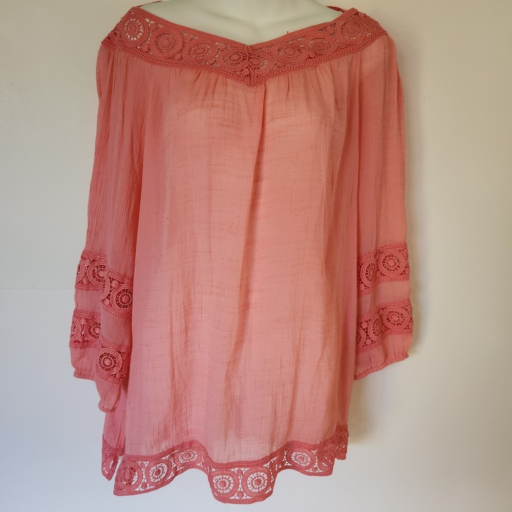 Indigo Soul Coral‎ Boho Tunic Top L Crochet Lace Bell Sleeve Peasant Style
